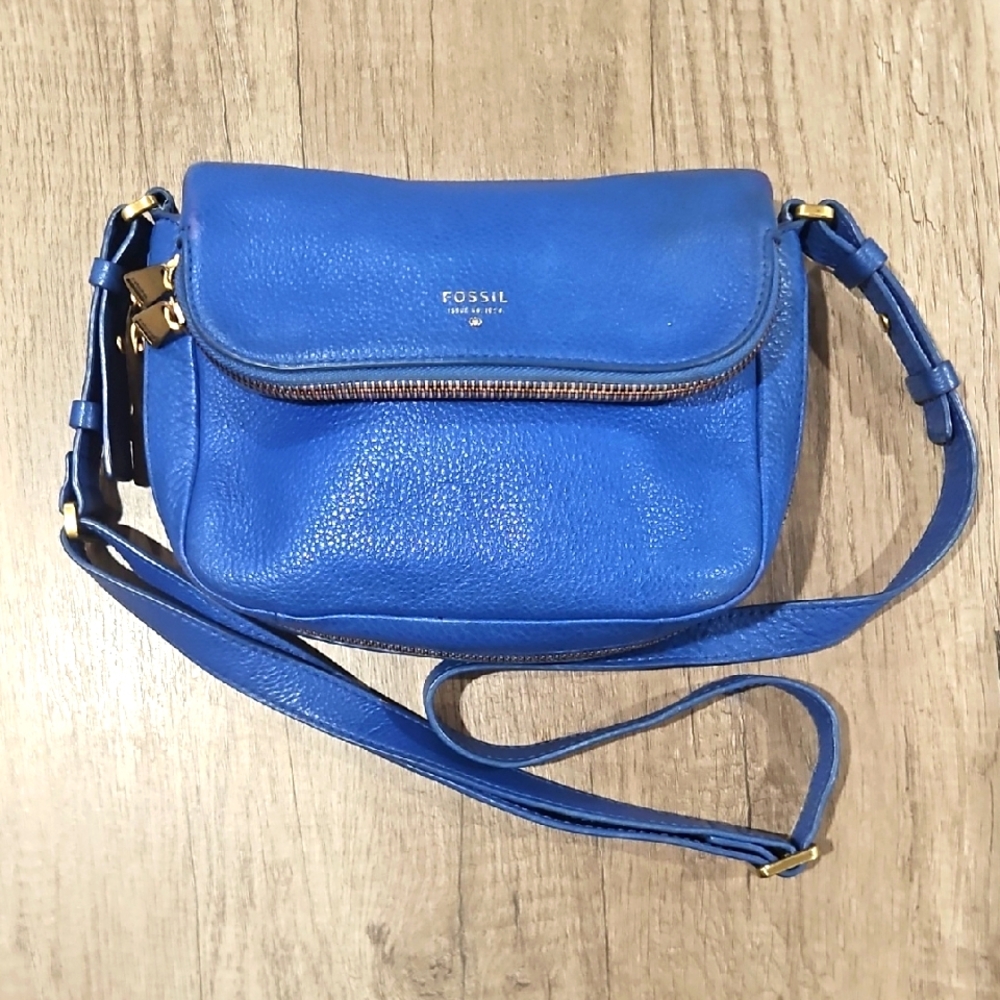 Fossil Preston Royal Blue Pebble Grain leather fold- over Crossbody bag